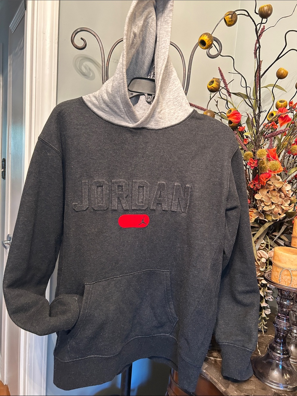 Jordan Boys Charcoal Hoodie with Light Gray Hood and Red Accent